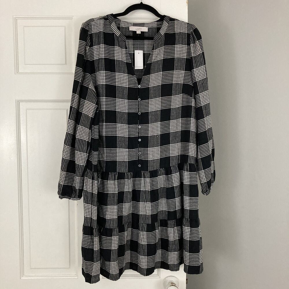NWT LOFT Women's Plaid Puff Sleeve Swing Dress Drop waist Black Size 14 - Picture 2 of 13